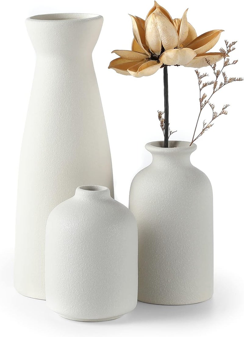 CEMABT White Ceramic vase Set-3 Small Flower vases for Decor,Modern Boho Farmhouse Home Decor,Decorative vase for Pampas Grass&Dried Flowers,idea Shelf,Table,Bookshelf ，Entryway- Distressed - Image 1